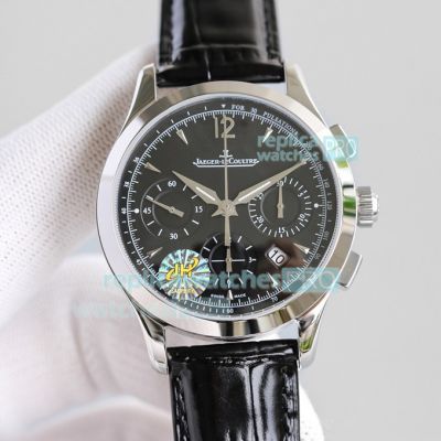 Swiss Replica Jaeger-LeCoultre Master Chronograph Watch Black Dial Black Leather